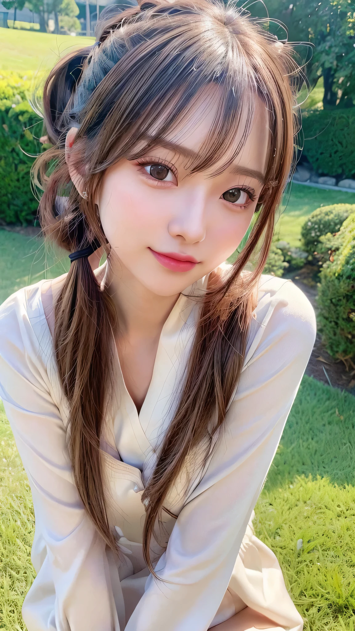 One piece with collar,outdoors,Urban Park,On the lawn,Ultra-detailed, finely detail, hight resolution, 8K Wallpaper, Perfect dynamic composition, Beautiful detailed eyes,Outdoor,Close-up of face,Outdoor,Blushing,Facing forward,,Long hair ponytail,((8k, Raw photo, Best Quality, Mastepiece:1.2), (Realism, Photorealistic:1.4), (Highly detailed 8K wallpapers), Depth of written boundary, Cinematic Lighting, Soft Light, Detailed Beauty Eye,Shiny and smooth light brown ponytail, Asymmetrical bangs, Shiny skin, Ultra-detailed skins ,It is high resolution., High detail, Detailed hairstyle, Detailed facial beauty, Hyper-realistic, Perfect limbs, Perfect Anatomy ,1 Japanese girl,Famous Japanese Idols, Perfect female body,A shy smile,Short eyelashes,Double-edged eyelids,Look straight here,Hair style: ponytail,