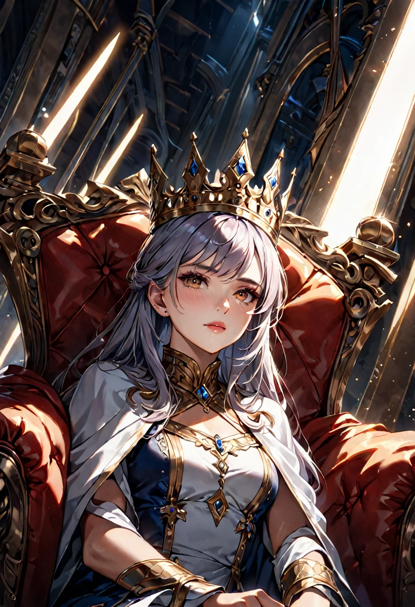 A Queen sitting on the throne, European, detailed face, dramatic lighting, cinematic angle, photorealistic, 8k, high resolution, hyper detailed, masterpiece,refiner: woman face,light beams,öpen lege