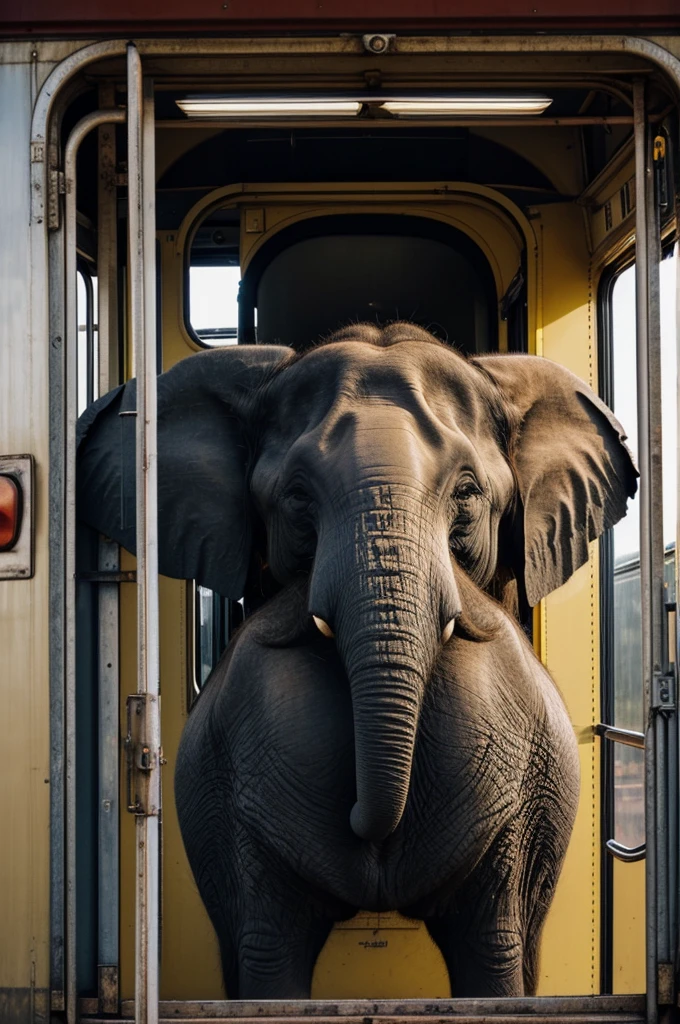 Generate an image of the back of a big fat elephant, pressed against the walls of a train car. Her butt is prominent and clearly trapped, causing the carriage door to fail to close completely. Include human hands pushing the door in an effort to close it and unclog the elephant. Show the reduced space and the deformation of the walls of the wagon due to the pressure exerted by the elephant.