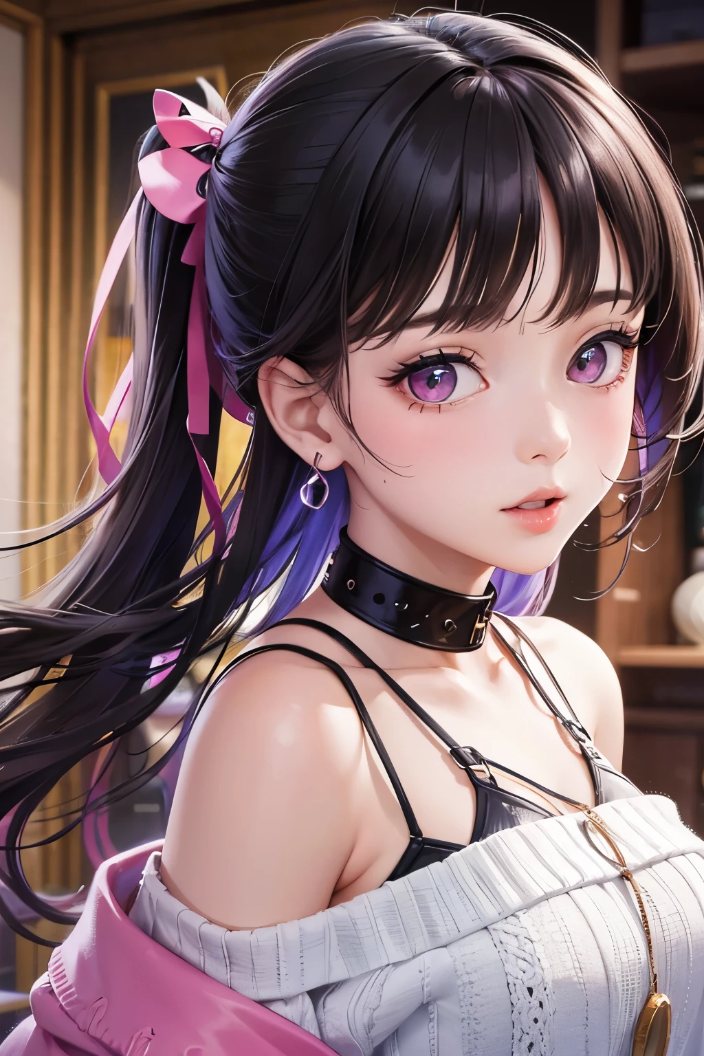 masterpiece, best quality, highly detailed, high resolution, expensive resolution, high resolution, 4K, 8k, Unity 8k wallpaper, highly detailed CG, masterpiece, 2D, 3D, beautiful details, depth, fine texture, best quality: 1.3, perfect focus, crispy skin, him, very cute, one 20-something girl, before a date with him, enjoying fashion, short twin tails, mole under eye, looking at the viewer, expensive, blush, mole, parted lips, heart, pink eyes, choker