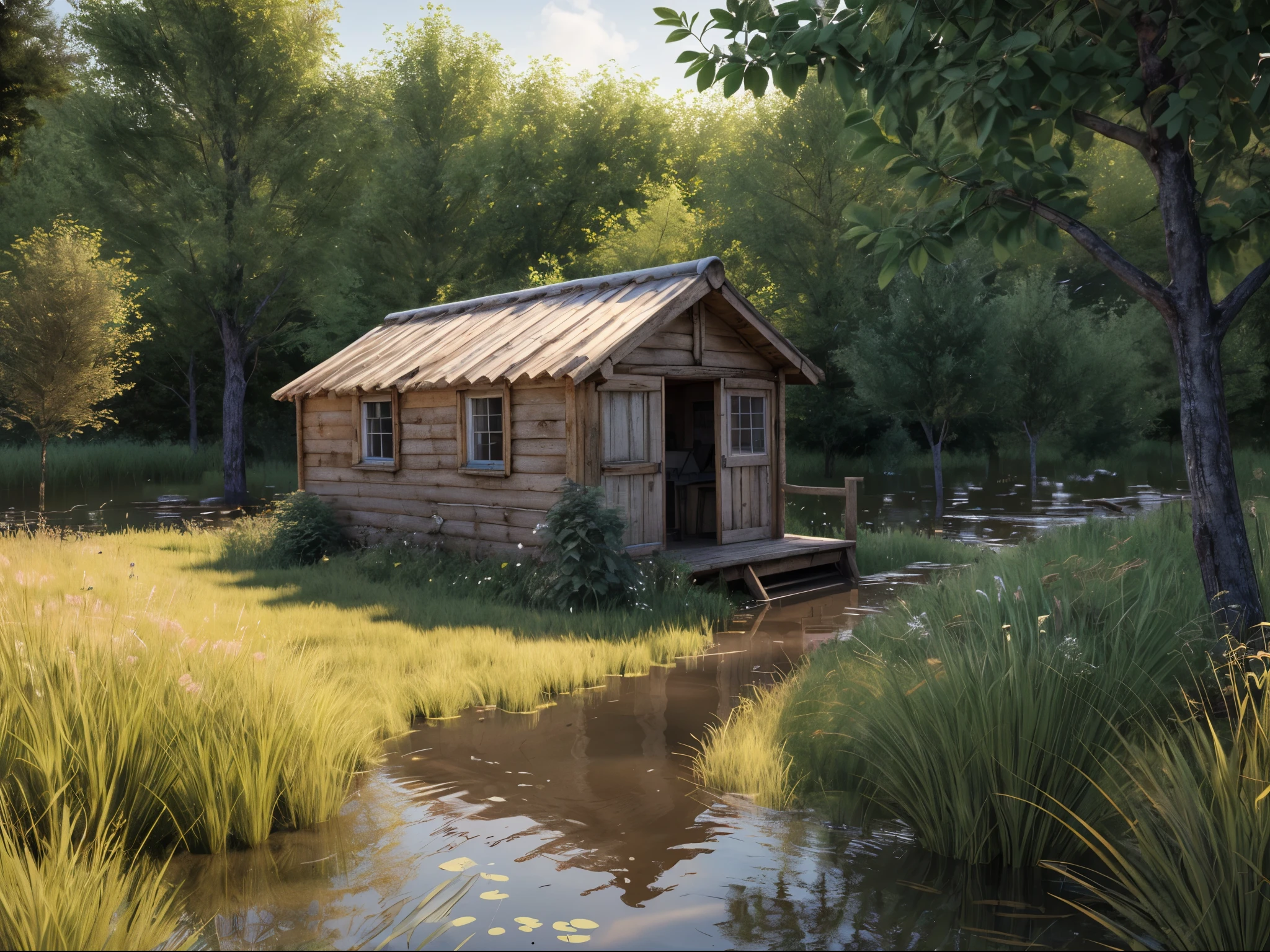 flooding puddle, (wild shrubs:1.2), small rickety hut, (long grass bush:1.2), outdoor, direct sunlight, natural light, photorealistic,