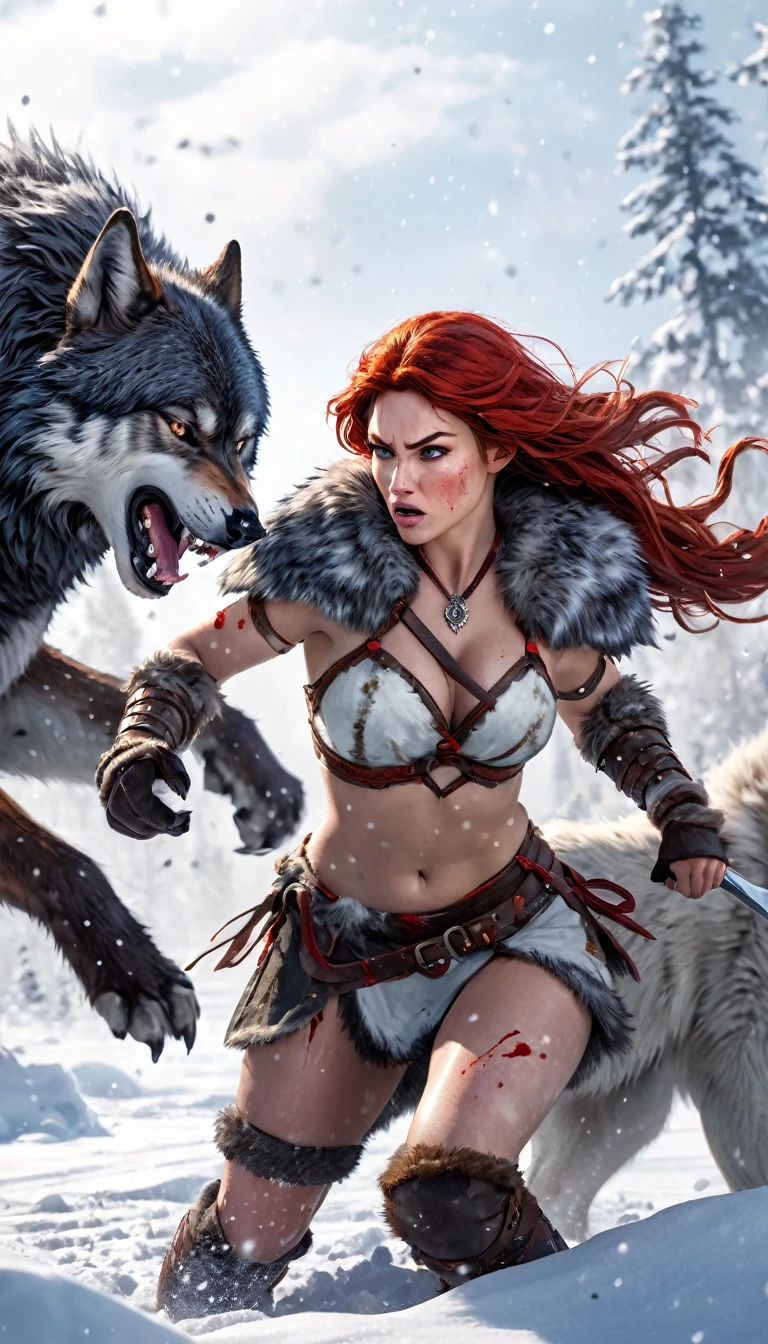 A fierce red-haired warrior woman, Red Sonja, fighting a massive 1giant wolf in a snowy landscape, blood stains on the pristine white snow, (best quality,4k,8k,highres,masterpiece:1.2),ultra-detailed,(realistic,photorealistic,photo-realistic:1.37),HDR,UHD,studio lighting,ultra-fine painting,sharp focus,physically-based rendering,extreme detail description,professional,vivid colors,bokeh,portraits,concept art,dramatic lighting,cold tones,snow,icy,winter