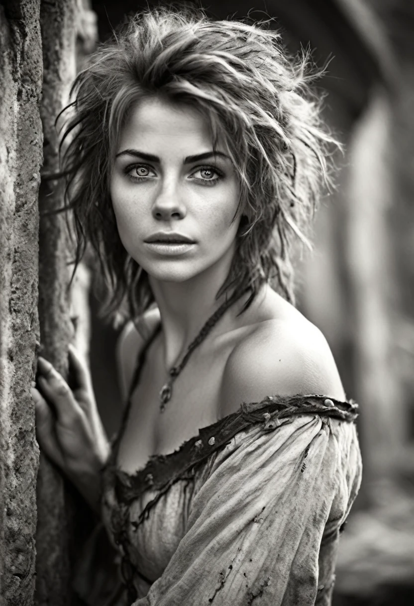 photorealistic, cute woman with messy hair and poor tattered clothes, beautiful sexy, (detailed medieval background), ultra sharp focus, detailed face, (((posing))),  random hair color, short hair, pretty eyes, whole body, High-quality analog black and white photography.,  depth of field, film grain 