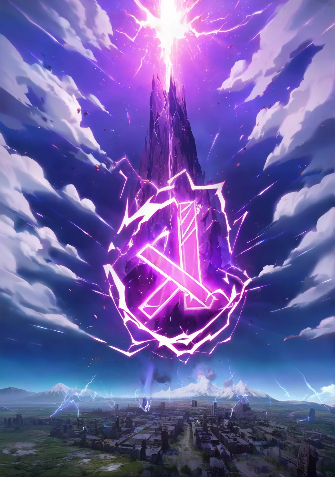 Breathtaking graphics, large scale, perspective from the ground, shooting epic footage a huge magic rune hovered over the city, Breathtaking landscapes, and impressive lighting effects, that create impressive visual experiences, mountain destruction . energy explosion on the ground under the rune