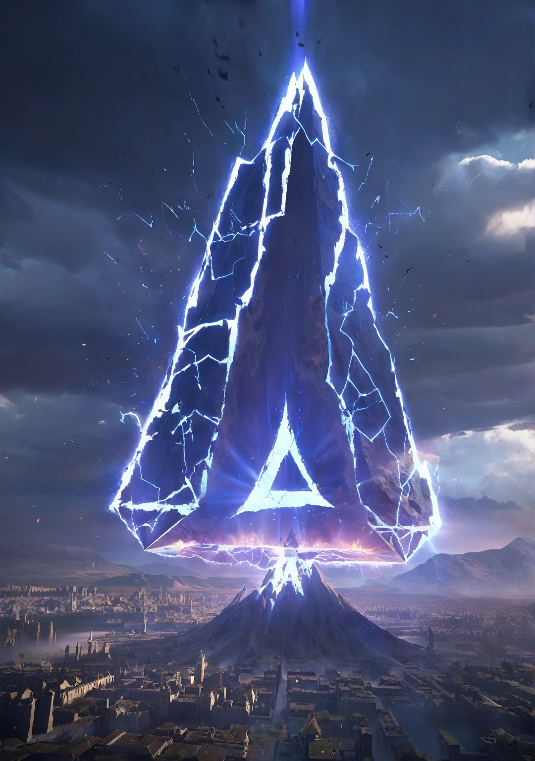 Breathtaking graphics, large scale, perspective from the ground, shooting epic footage a huge magic rune hovered over the city, Breathtaking landscapes, and impressive lighting effects, that create impressive visual experiences, mountain destruction . energy explosion on the ground under the rune