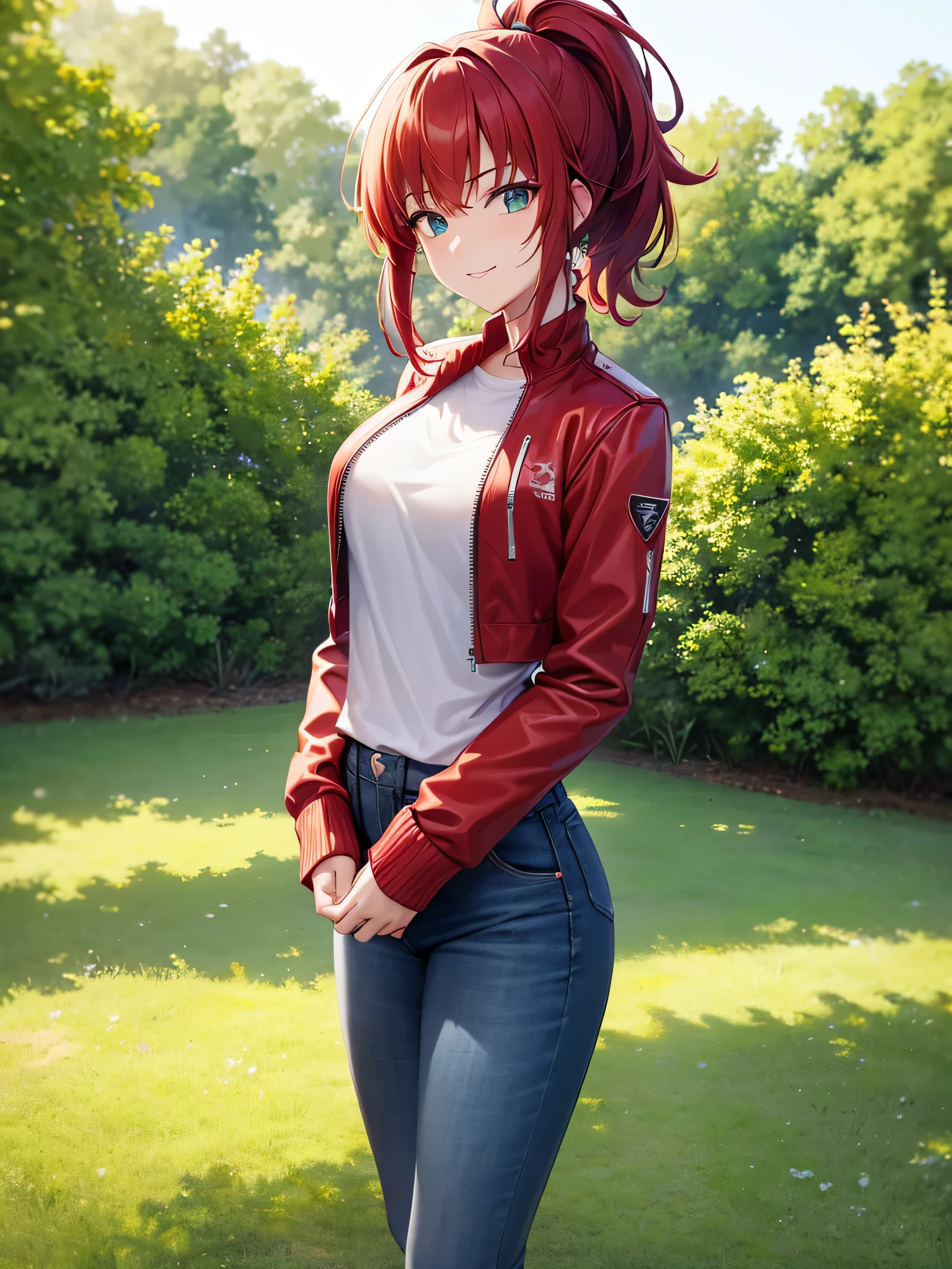 Red hair, green eyes, short ponytail, excited, excited smile, spiky hair, red jacket, jacket, jeans, outside, grass, white t-shirt, happy, ultra-detailed, absurdres, unreal engine, masterpiece, best quality, beautiful eyes, volumetric lighting, silky_hair), best quality, ultra-detailed, solo, looking at viewer, highres, 8k wallpaper, extremely detailed, smooth lighting, 8k, depth of field, masterpiece, cinematic lighting