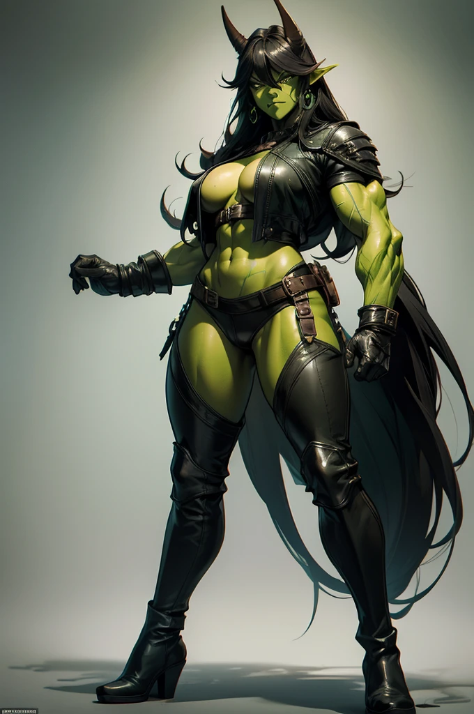 Female Orc Barbarian, toned muscles is defined, full Body Art, Topaz Eyes, Black long Hair, Green Skin, full body leather clothes, leather boots, leather gloves, heavy shirt, hornless.