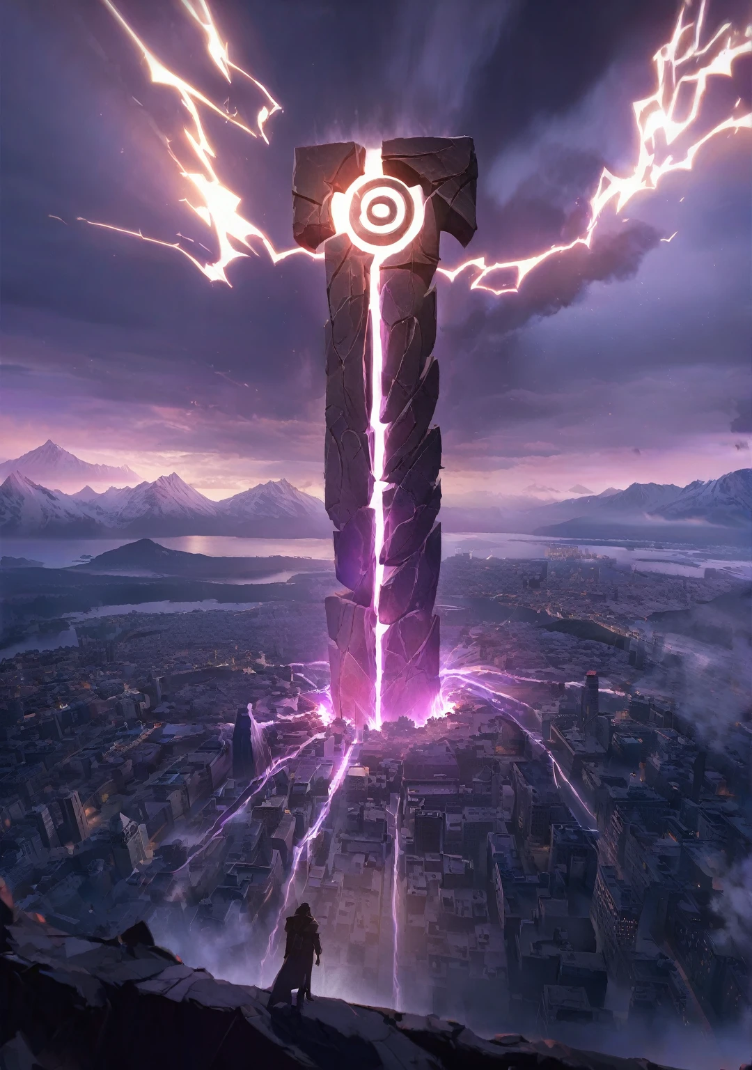 Breathtaking graphics, large scale, perspective from the ground, shooting epic footage a huge magic rune hovered over the city, Breathtaking landscapes, and impressive lighting effects, that create impressive visual experiences, mountain destruction 