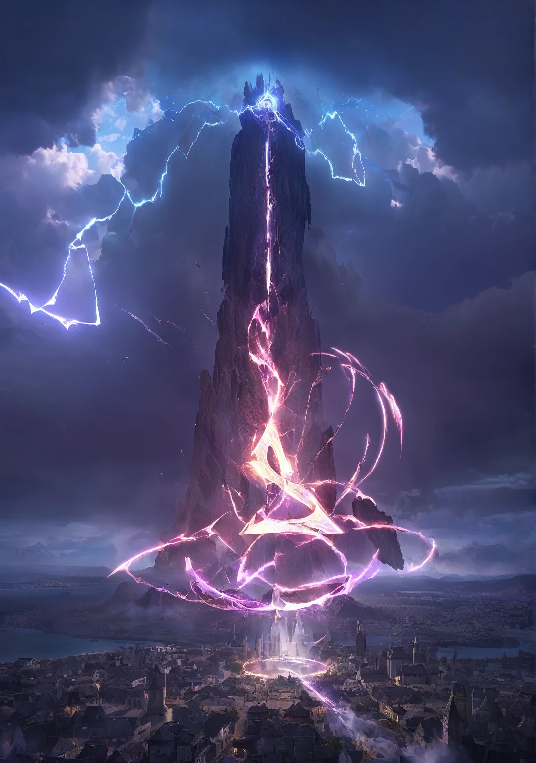 Breathtaking graphics, large scale, perspective from the ground, shooting epic footage a huge magic rune hovered over the city, Breathtaking landscapes, and impressive lighting effects, that create impressive visual experiences, mountain destruction 