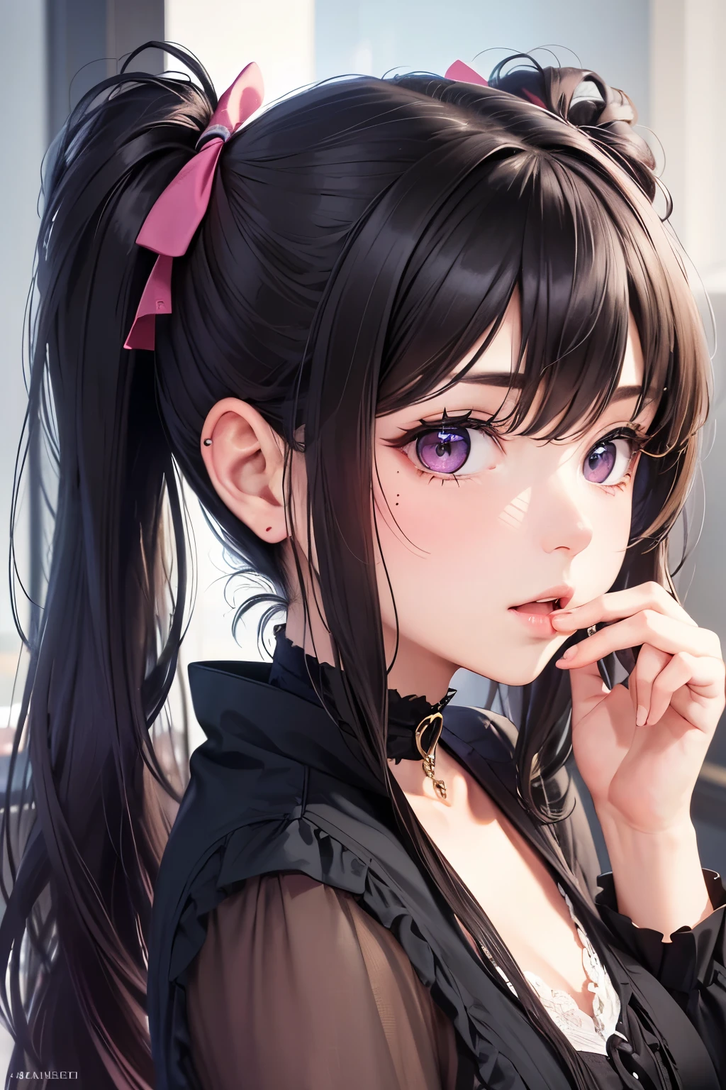 masterpiece, best quality, highly detailed, high resolution, expensive resolution, high resolution, 4K, 8k, Unity 8k wallpaper, highly detailed CG, masterpiece, 2D, 3D, beautiful details, depth, fine texture, best quality: 1.3, perfect focus, crispy skin, him, very cute, one 20-something girl, before a date with him, enjoying fashion, short twin tails, mole under eye, looking at the viewer, expensive, blush, mole, parted lips, heart, pink eyes, choker
