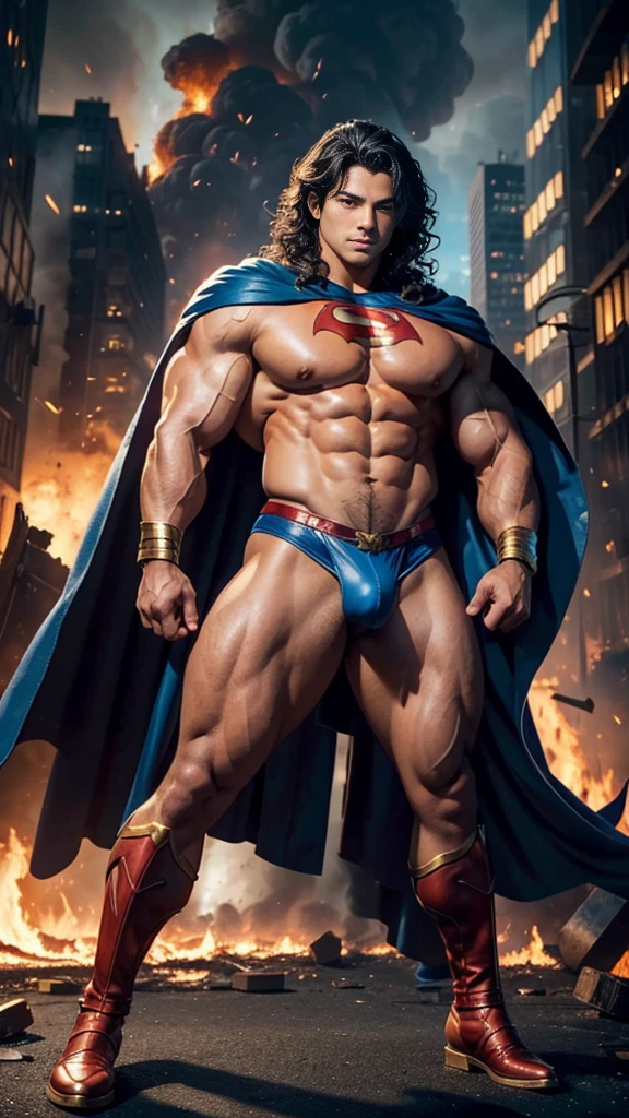 (muscular cute beautiful young boy Arion), huge strong biceps volume, huge firm breasts volume, enormous tits volume, muscular strong legs, exposed abs skin, city destruction fire background, tight superhero leather blue underwear and cape, wavy hair, huge cock bulge