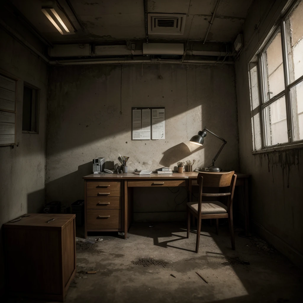 
high precision of details, perfect, realistic; imagine an office with a customer service desk in a
 prison, looking abandoned, except for a lamp illuminating the almost completely dark, dirty, scary, gloomy place.