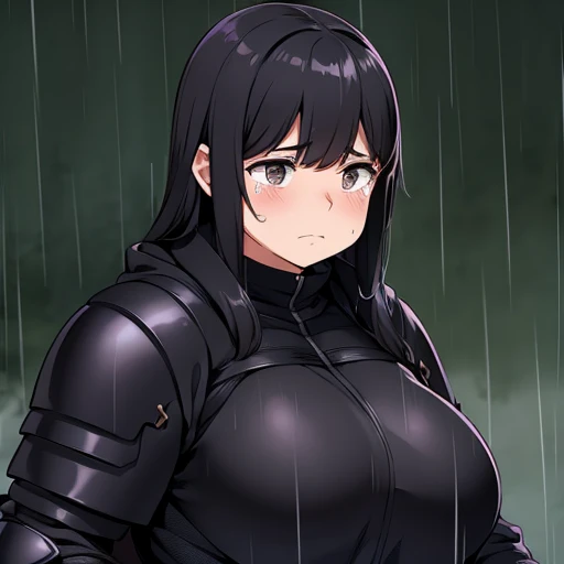 Plump black coat armor girl black hair brown eyes cry sad rain more plump 