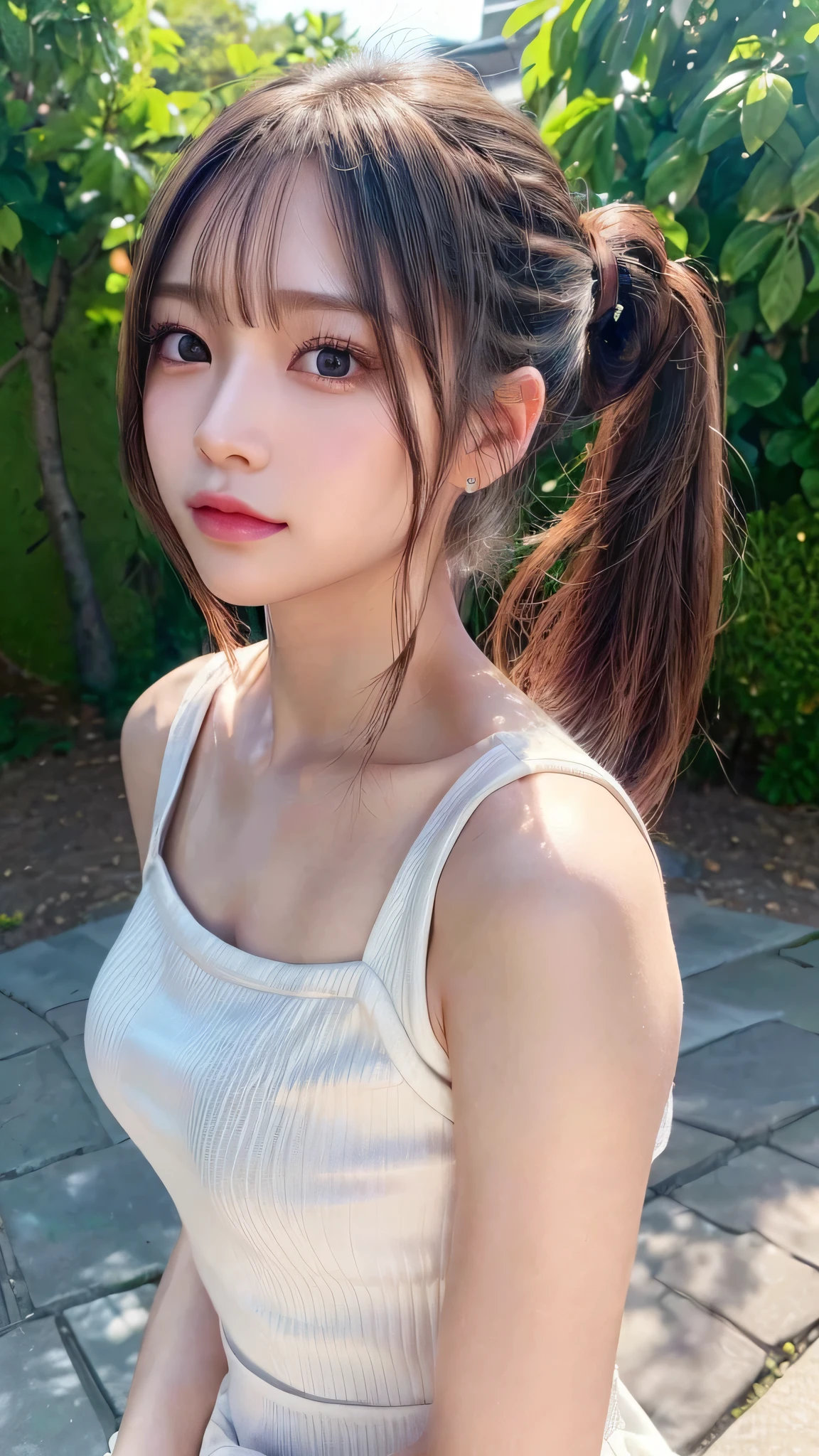 One piece with collar,outdoors,Urban Park,On the lawn,Ultra-detailed, finely detail, hight resolution, 8K Wallpaper, Perfect dynamic composition, Beautiful detailed eyes,Outdoor,Close-up of face,Outdoor,Blushing,Facing forward,,Long hair ponytail,((8k, Raw photo, Best Quality, Mastepiece:1.2), (Realism, Photorealistic:1.4), (Highly detailed 8K wallpapers), Depth of written boundary, Cinematic Lighting, Soft Light, Detailed Beauty Eye,Shiny and smooth light brown ponytail, Asymmetrical bangs, Shiny skin, Ultra-detailed skins ,It is high resolution., High detail, Detailed hairstyle, Detailed facial beauty, Hyper-realistic, Perfect limbs, Perfect Anatomy ,1 Japanese girl,Famous Japanese Idols, Perfect female body,A shy smile,Short eyelashes,Double-edged eyelids,Look straight here,Hair style: ponytail,