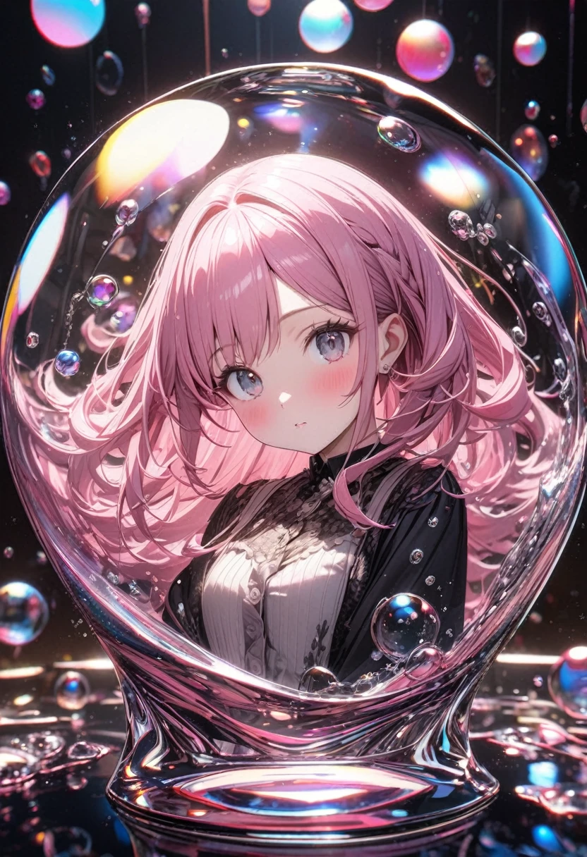 Very detailed, 8K, Glass, Water in a Glass, Beautiful Glass ball in a Glass, bubble, , Nice, bright、Pink Hair