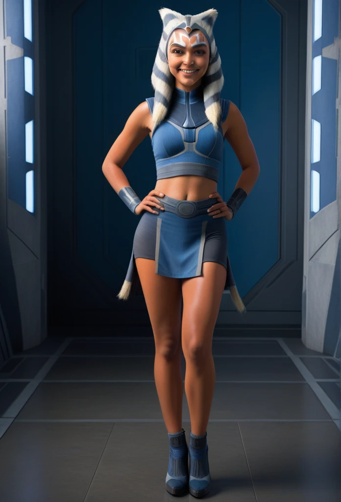 Ahsoka con black pantyhose, from ahead, with thin and not high blue heels, loincloth and blue top, black pantyhose, looking smiling at the viewer 