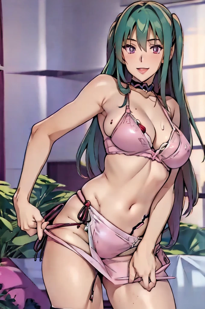a beautiful sexy age pink skinned woman in lingerie extending her hand forward. red heart shaped eyes. long light green hair. big breasts average hip cosplay