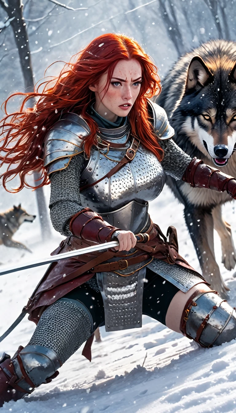 A woman with long wavy red hair, wearing sexy chain mail armor, holding a sword, fighting a giant wolf in the snow, blood stains on the snow, snowing, (art inspired by Bill Sienkiewicz), (best quality,4k,8k,highres,masterpiece:1.2),ultra-detailed,(realistic,photorealistic,photo-realistic:1.37),dramatic lighting,cinematic composition,intense action,dramatic atmosphere
