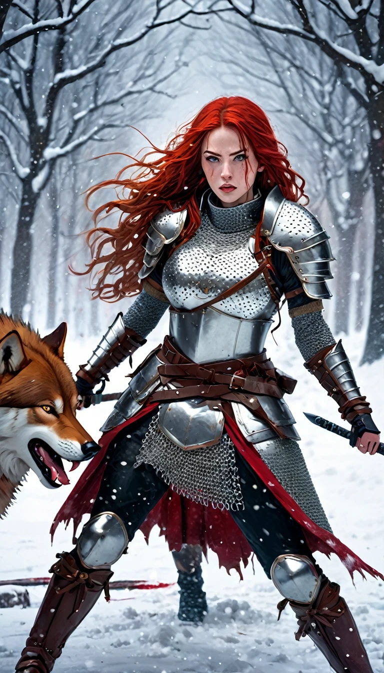 A woman with long wavy red hair, wearing sexy chain mail armor, holding a sword, fighting a giant wolf in the snow, blood stains on the snow, snowing, (art inspired by Bill Sienkiewicz), (best quality,4k,8k,highres,masterpiece:1.2),ultra-detailed,(realistic,photorealistic,photo-realistic:1.37),dramatic lighting,cinematic composition,intense action,dramatic atmosphere