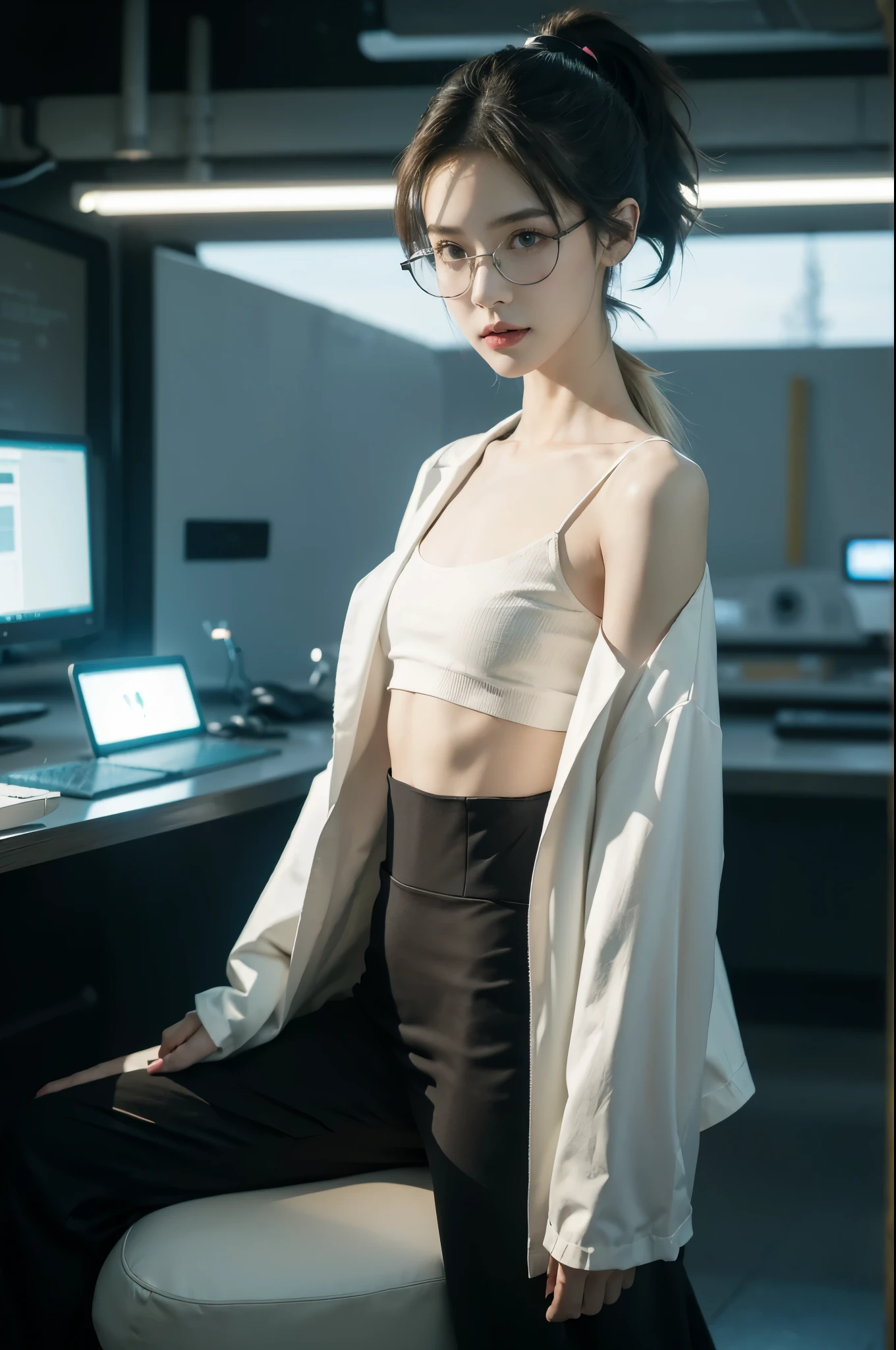 (((best quality))),(((ultra detailed))),(((masterpiece))),illustration,((1 beautiful girl,solo)),((slim,thin)),((small breasts,flat chest)),futuristic laboratory, ((stylish glasses,detailed eyes)), intelligence, white lab coat,(short ponytail:1.2), flawless skin, cyberpunk vibe, high-tech equipment, darkened lighting, high-altitude lamps, beakers, flasks, test tubes, computer screens, consoles, terminals, scientific wonderland, desolate surroundings, time warp, motionless, deep in concentration, profound scientific mystery, secrets of the universe, beauty, poignancy, essence of science, mystery, alluring appeal, captivating, enchanting