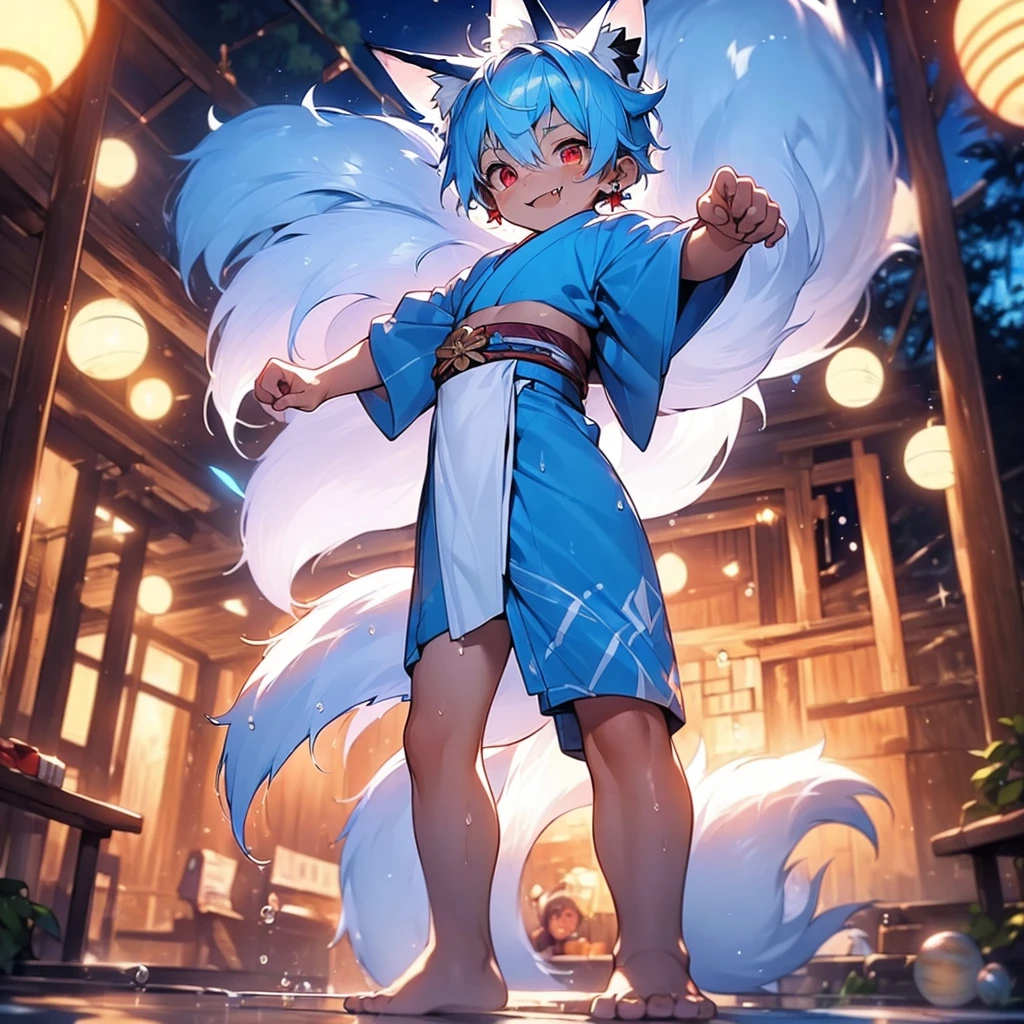 (solo:2), (boldline:-1.7), (dynamic), (paw pose:1.4), (arched back), ((bubble)), (standing:1.5), (spread legs:1.3), (((fang))), (((best finger))), BREAK (best quality:1.5), (absolutely resolution:1.5), (ultra detailed:1.5), (masterpiece:1.5), (perfect face), (detailed face), (detailed eyes), (best eyes), (cute face), (shota:2.1), BREAK (blue kimono:1.5), BREAK (white loincloth:1.5), (fox ears:1.5), (fox tail:1.75), (see throgh wet clothes:1.3), (bulge:1.6), (skinny:1.3), BREAK (light blue hair:1.5), (spiked hands), (wine red eyes:1.4), (eyes with highlight:1.6), ((mole under eye)), (sweaty skin), (chuckling:1.5), ((earrings)), (shiny skin:1.3), BREAK (forest:1.5), (blue orbs:1.5), (((at night))), ((wind blowing)), (((nipple))), ((abs)), (groin), ((from below)), look down,