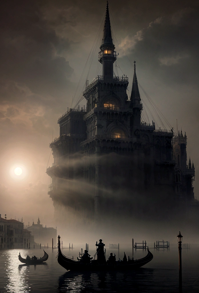 dieselpunk,   (atmospheric volumetric fog:1.1), (Masterpiece:1.4) (illustration:1.2) (Best Quality:1.4) (8k) (HDR) (wallpaper) (cinematic lighting) (sharp focus) (intricate) Best Quality, Masterpiece, ultra high resolution, (Realistic photography:1.4), surrealism, Fantastic,FusionArt,landscape of the grand canal of the city venice at night, foggy, full moon, Gothic style,dark and gloomy