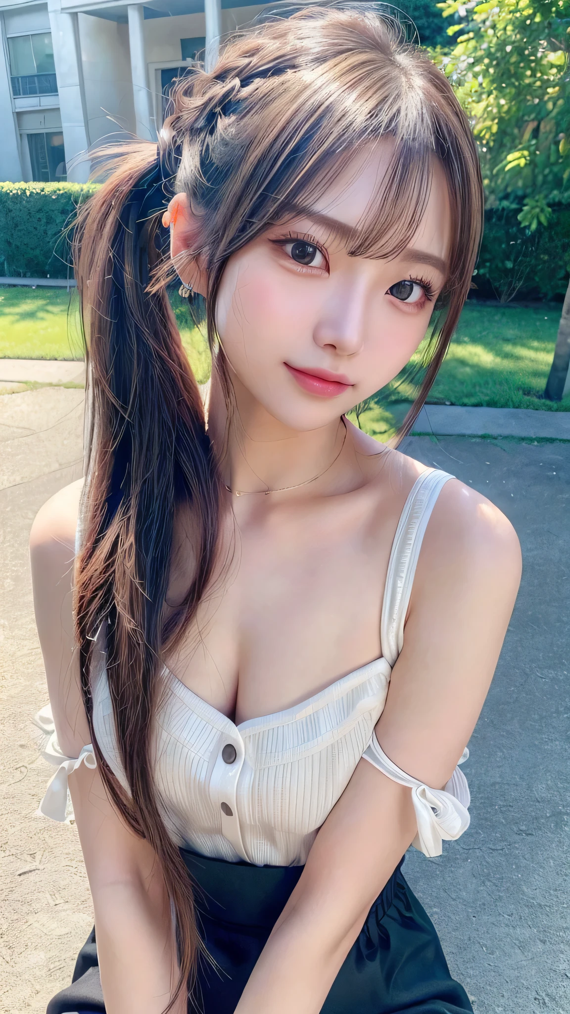 One piece with collar,outdoors,Urban Park,On the lawn,Ultra-detailed, finely detail, hight resolution, 8K Wallpaper, Perfect dynamic composition, Beautiful detailed eyes,Outdoor,Close-up of face,Outdoor,Blushing,Facing forward,,Long hair ponytail,((8k, Raw photo, Best Quality, Mastepiece:1.2), (Realism, Photorealistic:1.4), (Highly detailed 8K wallpapers), Depth of written boundary, Cinematic Lighting, Soft Light, Detailed Beauty Eye,Shiny and smooth light brown ponytail, Asymmetrical bangs, Shiny skin, Ultra-detailed skins ,It is high resolution., High detail, Detailed hairstyle, Detailed facial beauty, Hyper-realistic, Perfect limbs, Perfect Anatomy ,1 Japanese girl,Famous Japanese Idols, Perfect female body,A shy smile,Short eyelashes,Double-edged eyelids,Look straight here,Hair style: ponytail,