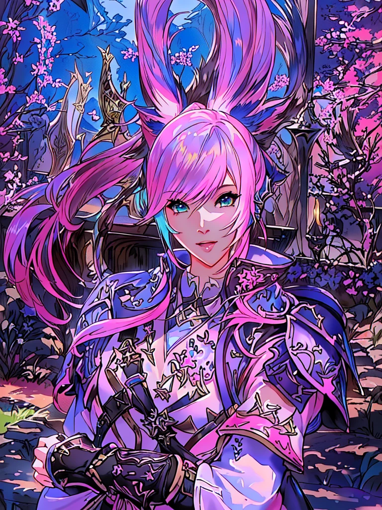 Closeup of a costumed person with pink hair, final fantasy style 14, Final Fantasy 1 4, Final Fantasy 1 4 screenshot, ffxiv cielo, Final Fantasy XIV, ffxiv, final fantasy 14 sharp, thinning pink hair, Pink hair and cyan eyes., character close up, character closeup, female character