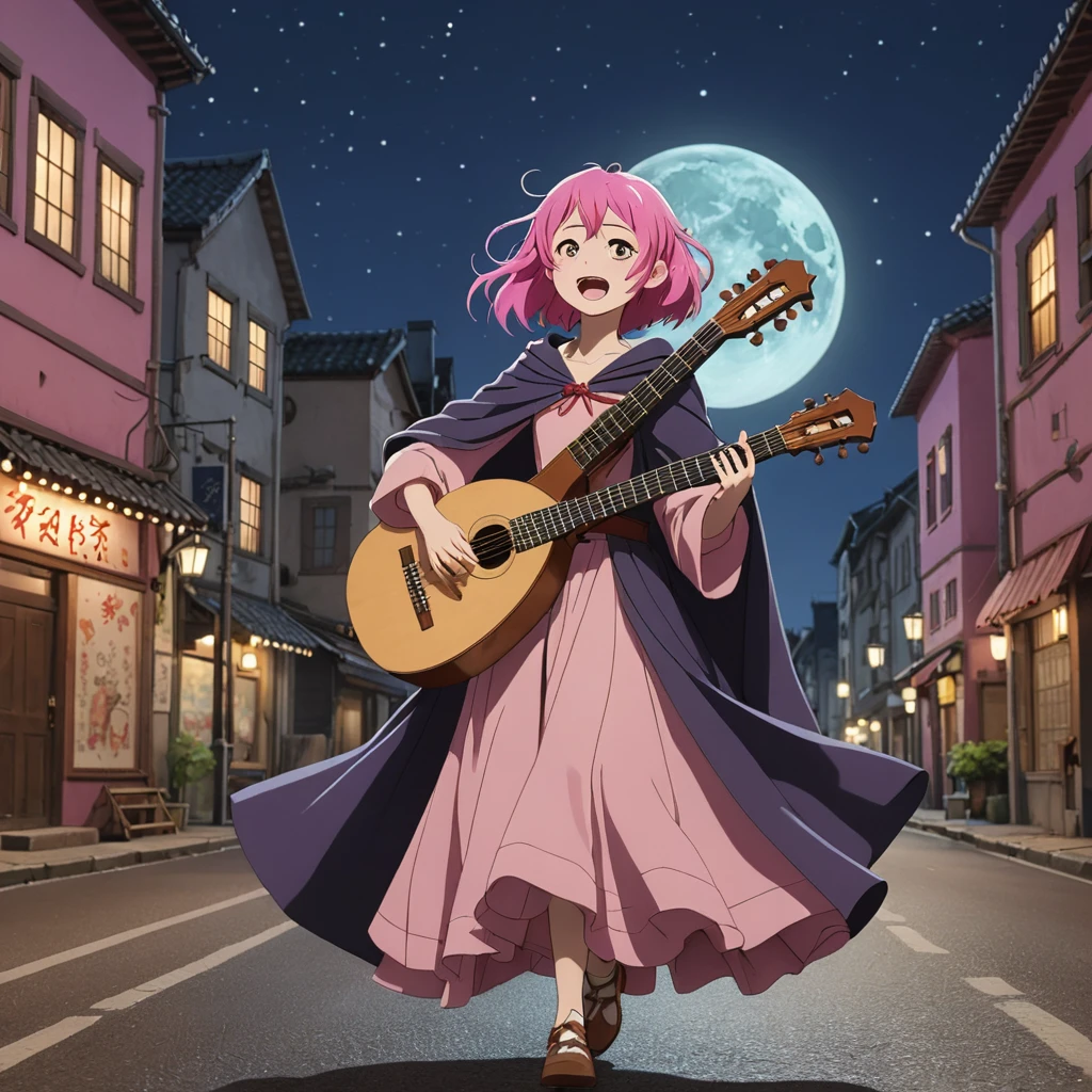 anime、On the road、Let the children listen。In the town。Cinematic shots, At the moonlit intersection of a mysterious world, A minstrel with a lute and star-cloak serenades the wandering spirits. Melody weaves a tale of love and loss, And the spirits perform a mesmerizing dance., (anime イラスト :1.3)、Pink hair girl