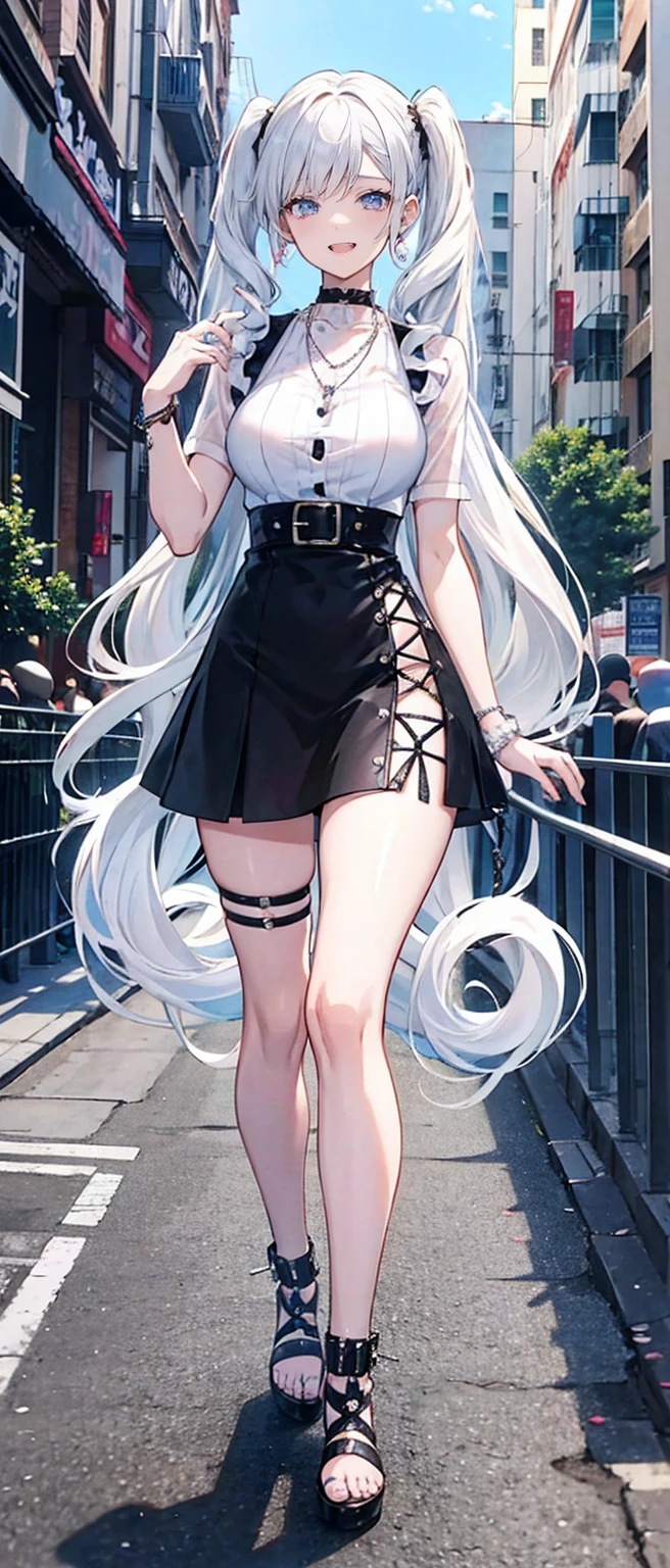 (best quality,4k,8k,highres,masterpiece:1.2),ultra-detailed,(realistic,photorealistic,photo-realistic:1.37),single girl, idol, white hair, long hair, cute, detailed eyes, detailed lips, slim figure, youthful appearance, confident expression, standing in front of the stage, pink electric guitar, black mini skirt, revealing top, ample bosom, spotlight, vibrant colors.