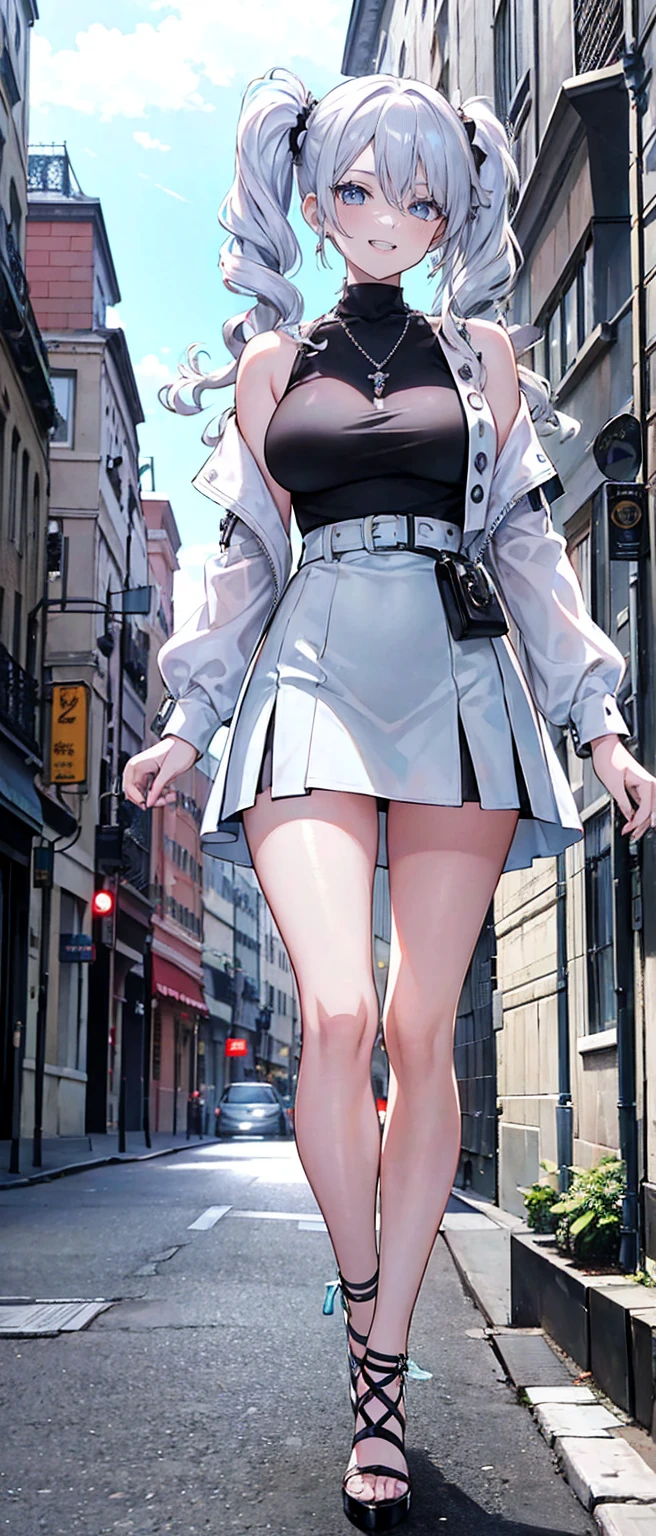 High resolution, high resolution,2D Anime Style,,Cool woman,Gal,tall,20th Generation,White hair long hair,Curly hair twin tails,Light blue eyes,Gal,Beautiful watch,Beautiful earrings,Lots of beautiful necklaces,Punk Fashion,He is smiling,Has fangs,whole body,Walking around the city,