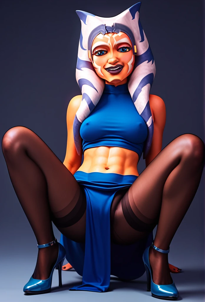 Ahsoka con black pantyhose, from ahead, with thin and not high blue heels, loincloth and blue top, black pantyhose, looking smiling at the viewer 