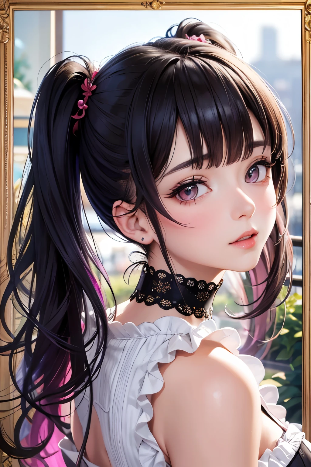 masterpiece, best quality, highly detailed, high resolution, expensive resolution, high resolution, 4K, 8k, Unity 8k wallpaper, highly detailed CG, masterpiece, 2D, 3D, beautiful details, depth, fine texture, best quality: 1.3, perfect focus, crispy skin, him, very cute, one 20-something girl, before a date with him, enjoying fashion, short twin tails, mole under eye, looking at the viewer, expensive, blush, mole, parted lips, heart, pink eyes, choker