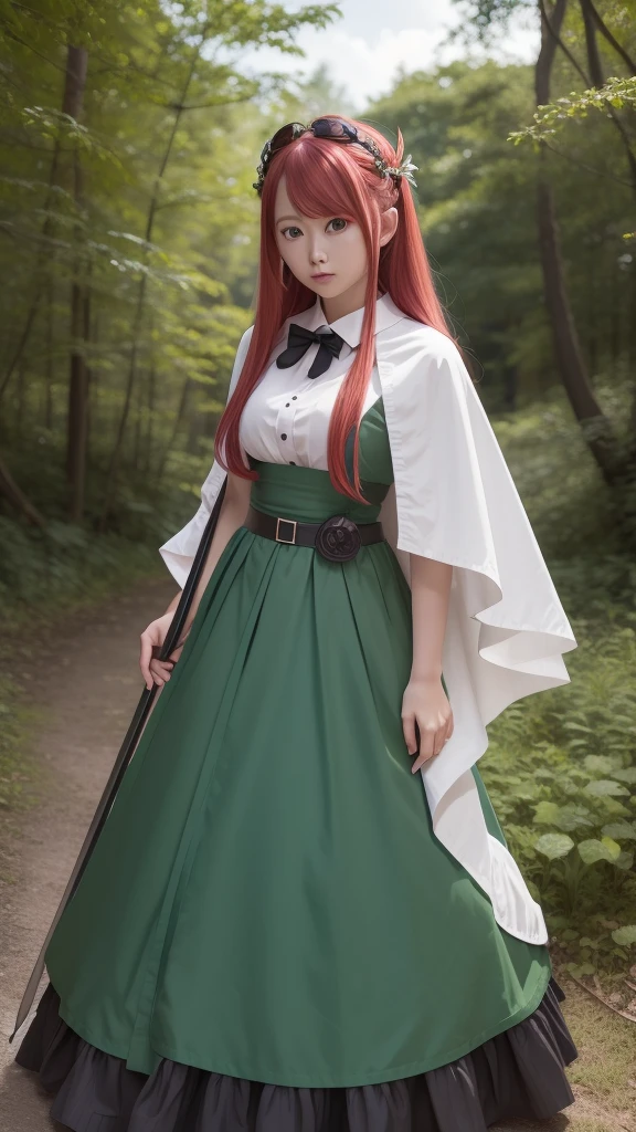 girl in a forest with a sword and a cape, demon slayer rui fanart, demon slayer artstyle, digital art from demon slayer, a maid in a magical forest, anime visual of a cute girl, shirabii, demon slayer character, official character art, android heroine, the non-binary deity of spring, female character, insect trainer girl, kimono, light red hair with green at the tip, long hair with ties
