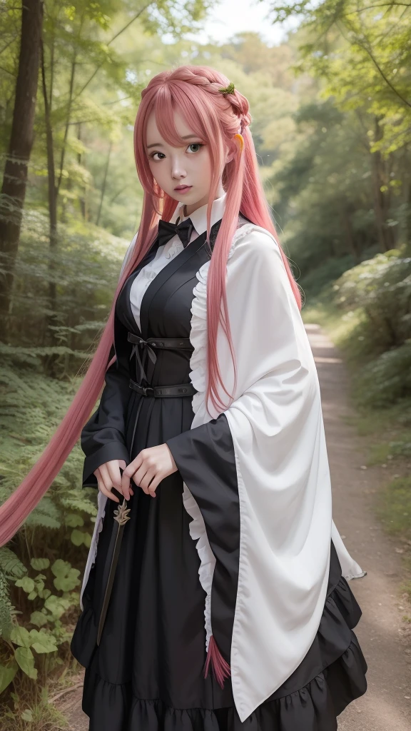  girl in a forest with a sword and a cape, demon slayer rui fanart, demon slayer artstyle, digital art from demon slayer, a maid in a magical forest, anime visual of a cute girl, shirabii, demon slayer character, official character art, android heroine, the non-binary deity of spring, female character, insect trainer girl, kimono, light red hair with green at the tip, long hair with ties