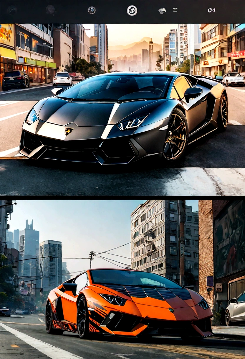 A closeup of a Lamborghini car parked on a city street, wallpaper mobile, cinematic posters, phone wallpaper, like matrix, motivational poster,black color lamborghini car, money raining from the sky,cinematic wallpaper 4k, cinematic 4k wallpaper, Matrix LUT, posters!!!, gta v poster style, auto photography, cinematic matte illustration, matte digital illustration, paper awesome wallpaper, matte painting movie poster, gta loading screen art, wallpaper mobile spiderman OFFROAD car
