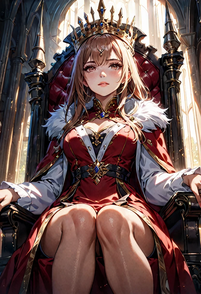 A Queen sitting on the throne, European, detailed face, dramatic lighting, cinematic angle, photorealistic, 8k, high resolution, hyper detailed, masterpiece,refiner: woman face,light beams,öpen legs