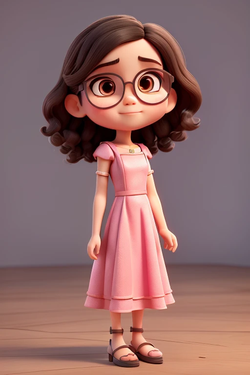 A short woman with small transparent oval glasses, makeup, beautiful shoulder-length wavy black hair with brown eyes, wearing a beautiful long pink silk dress with high-heeled sandals and a man with black hair, black eyes, a white suit, black shoes with a 3D heart