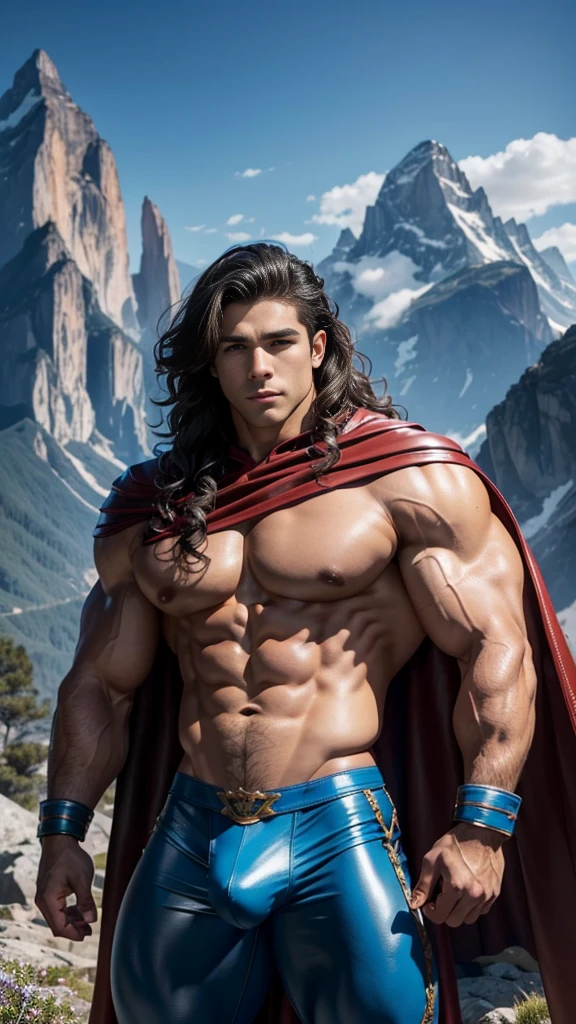 (muscular cute beautiful young boy Arion), huge strong biceps volume, huge chest muscles volume, muscular strong legs, exposed abs skin, tight leather blue trunks and cape, wavy hair, huge cock bulge, mountains background