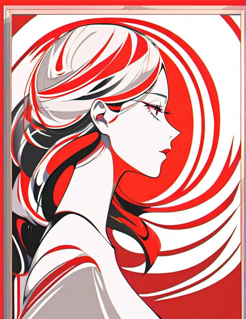 Illustrate an elegant stunning beautiful woman's face in profile using sleek white lines on a Red canvas 