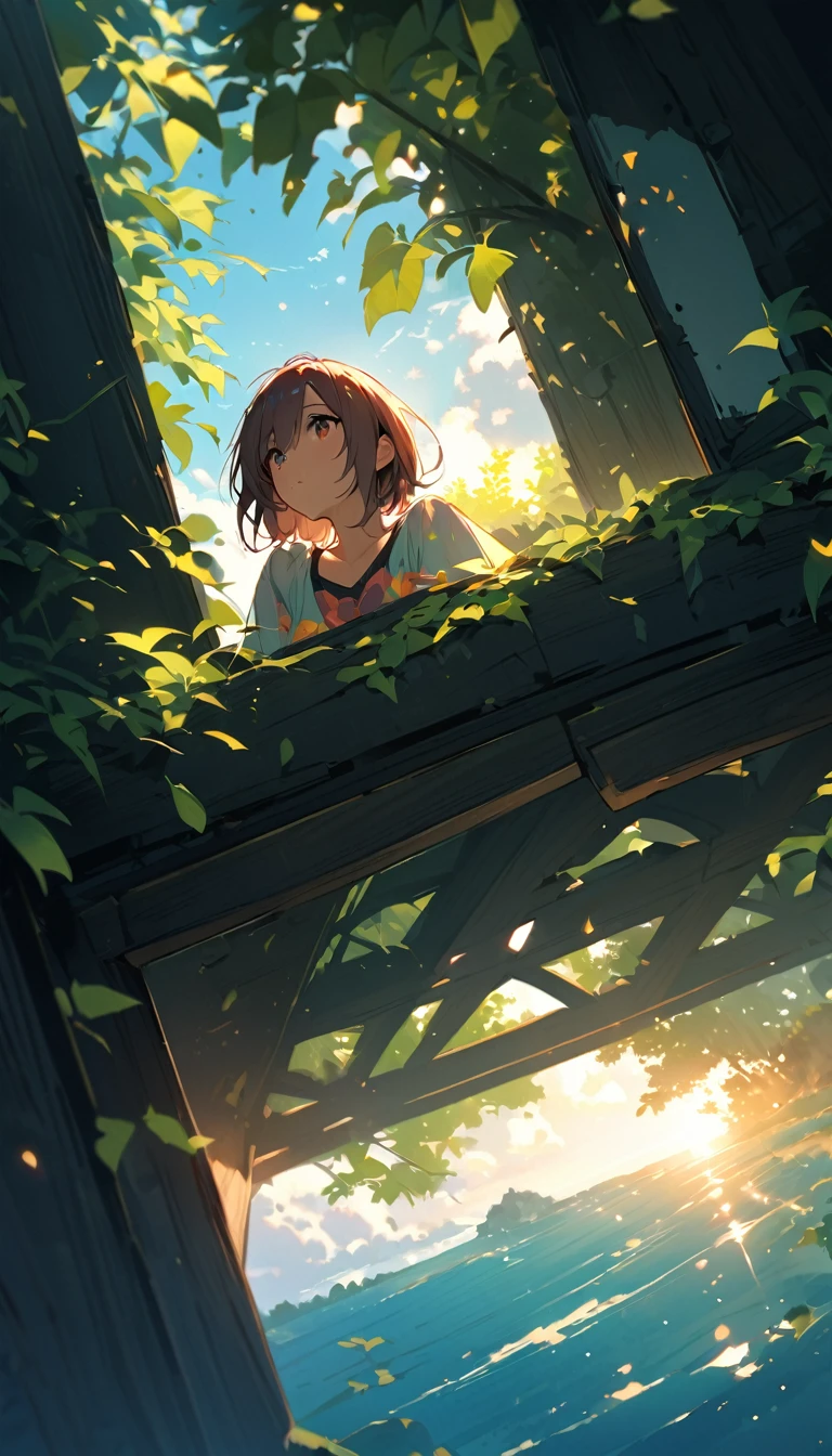 Angle looking up at the sky,The sun peeks through the gaps in the leaves,landscape,There is no one here,summer,Highest quality,masterpiece