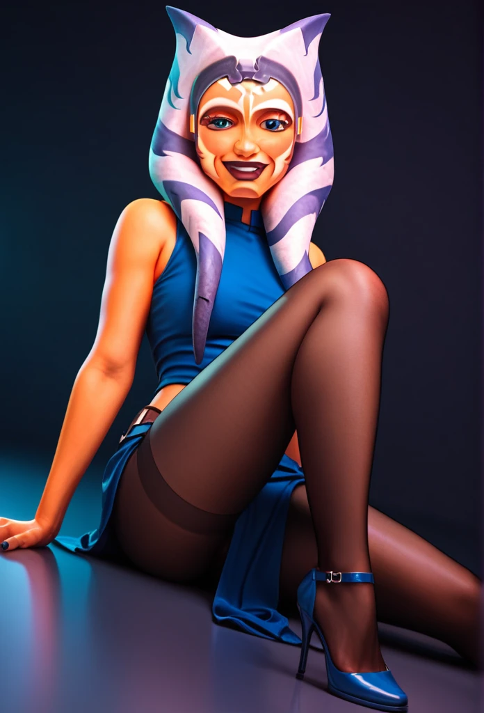 Ahsoka con black pantyhose, from ahead, with thin and not high blue heels, loincloth and blue top, black pantyhose, looking smiling at the viewer