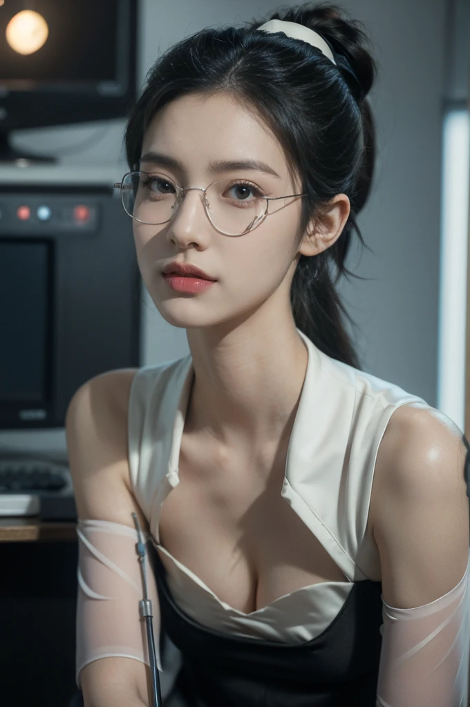 (((best quality))),(((ultra detailed))),(((masterpiece))),illustration,((1 beautiful girl,solo)),((slim,thin)),((small breasts,flat chest,cleavage)),futuristic laboratory, ((stylish glasses,detailed eyes)), intelligence, white lab coat,(short ponytail:1.2), flawless skin,(laughing:1.2),(stockings:1.3), cyberpunk vibe, high-tech equipment, darkened lighting, high-altitude lamps, beakers, flasks, test tubes, computer screens, consoles, terminals, scientific wonderland, desolate surroundings, time warp, motionless, deep in concentration, profound scientific mystery, secrets of the universe, beauty, poignancy, essence of science, mystery, alluring appeal, captivating, enchanting