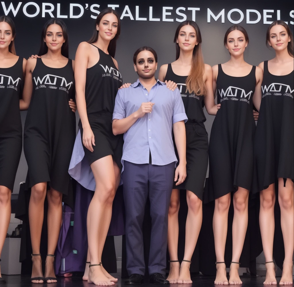 Three tall girls on the lfe left, three tall girls in the right, short man in the middle, the girls are much taller than the man, girls have big  and cleavage, girls are wearing black, man is wearing blue shirt, girls are standing barefoot, man is wearing shoes,