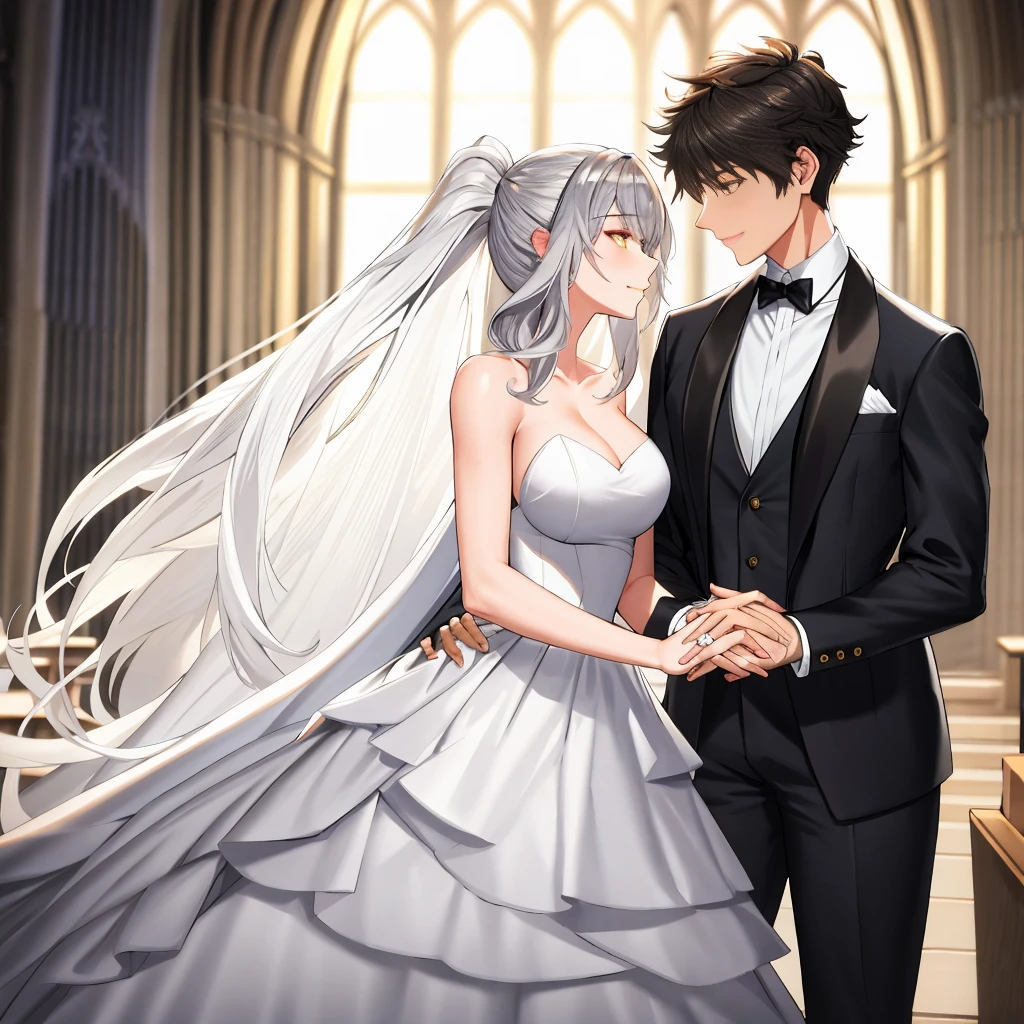 masterpiece, Best quality, masterpiece, Best quality, masterpiece, Best quality, masterpiece, Best quality, high quality, High detail, Ultra detail, HD, 4k, 4280x2240, depth field, (HDR:1.9), Correct anatomy, a masculine boy with short hair black hair abundant brown eyes with full wedding suit from groom to gentleman's suit and Palto flu pants and a girl with very long hair messy hair curly hair wavy hair (((silver hair))) high ponytail with yellow eyes in wedding dress, Dream wedding dress. love. Hand in hand looking at the New Year's sunset sunrise while kissing at church wedding with wedding rings on boy finger and wedding rings on girl finger and smiles, detail, ultra-detail, correct_position, correct_texture, correct_colors, correct_shading, correct_cgi, correct_body, correct_anatomy, correct_proportion, (correct_complete_body)