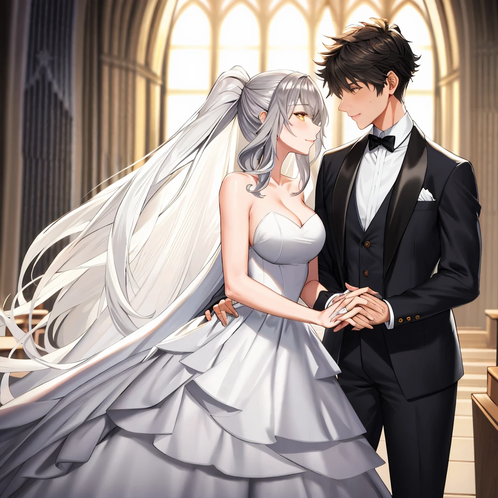 masterpiece, Best quality, masterpiece, Best quality, masterpiece, Best quality, masterpiece, Best quality, high quality, High detail, Ultra detail, HD, 4k, 4280x2240, depth field, (HDR:1.9), Correct anatomy, a masculine boy with short hair black hair abundant brown eyes with full wedding suit from groom to gentleman's suit and Palto flu pants and a girl with very long hair messy hair curly hair wavy hair (((silver hair))) high ponytail with yellow eyes in wedding dress, Dream wedding dress. love. Hand in hand looking at the New Year's sunset sunrise while kissing at church wedding with wedding rings on boy finger and wedding rings on girl finger and smiles, detail, ultra-detail, correct_position, correct_texture, correct_colors, correct_shading, correct_cgi, correct_body, correct_anatomy, correct_proportion, (correct_complete_body)