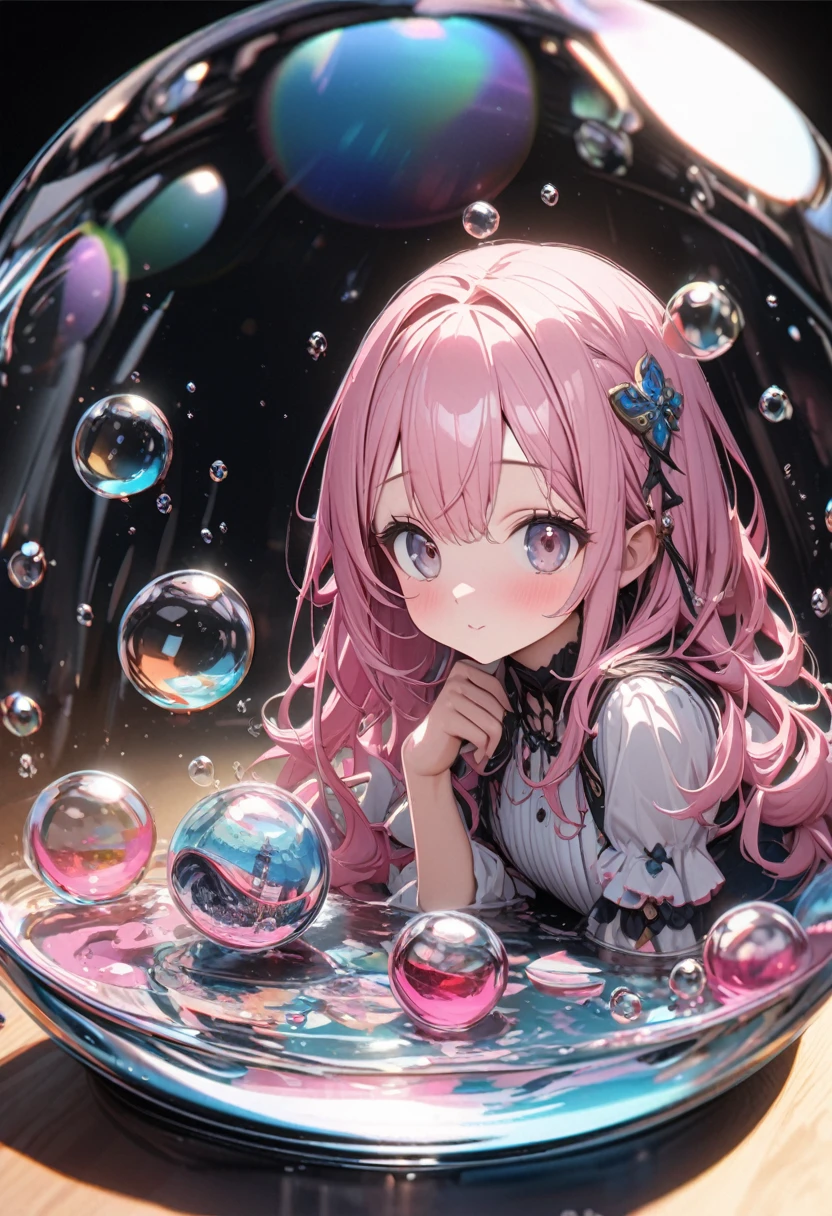 perfect eyes:1.2, detailed eyes:1.4, pineapple, smile, sitting, full body, air bubble, (masterpiece:1.2, best quality), phgls, /bottle, in container, (finely detailed beautiful eyes: 1.2), 1girl, solo, big breasts, tentacles, purple hair, pink hair, two-tone hair, underwater, floating hair, (bound:1.4), (bdsm:1.7)，shy，blush，cry，scared，(anger:1.3)，((arm behind back))