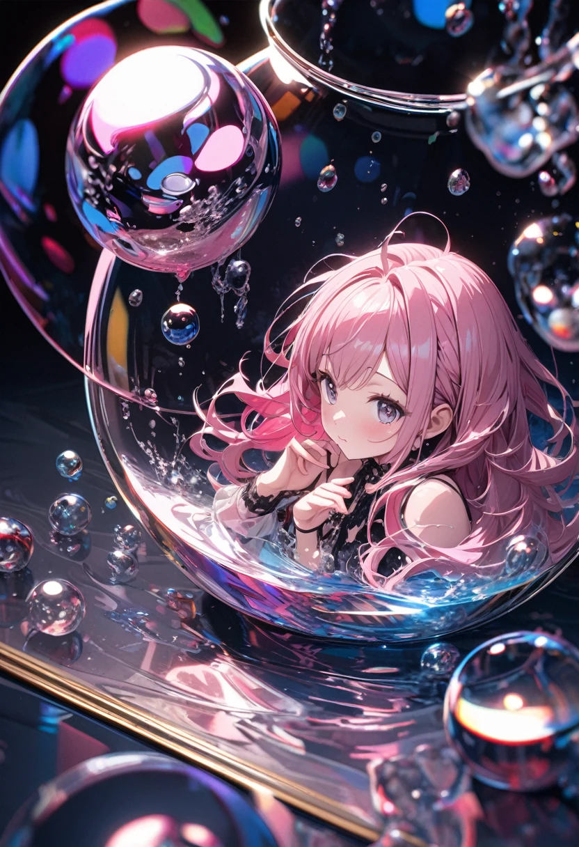 Very detailed, 8K, Glass, Water in a Glass, Beautiful Glass ball in a Glass, bubble, , Nice, bright、Pink Hair
