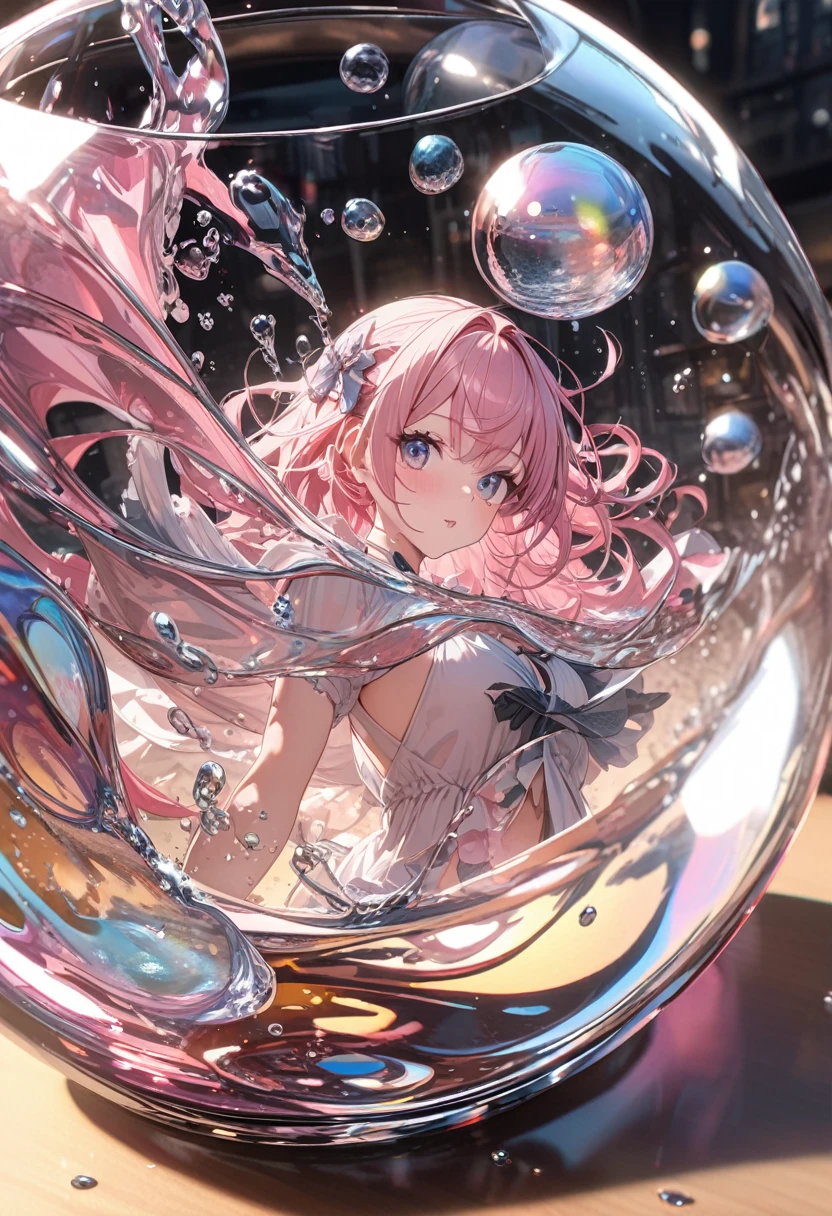 (masterpiece, highest quality, ultra high res, ultra detailed:1.3), 1 cute girl, ideal ratio body proportions, (in snow globe:1.4), in container, (herbarium:1.2), (spherical glass), (floating), (zero gravity), (skirt floating up by buoyancy:1.2), solo focus, submerged, underwater, air bubble, bright lighting, spherical glass wall, pink medium hair, small breast, (white panties:1.4),