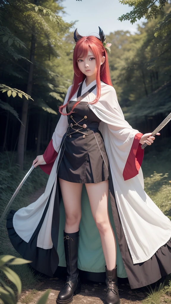 girl in a forest with a sword and a cape, demon slayer rui fanart, demon slayer artstyle, digital art from demon slayer, a maid in a magical forest, anime visual of a cute girl, shirabii, demon slayer character, official character art, android heroine, the non-binary deity of spring, female character, insect trainer girl, kimono, light red hair with green at the tip, long hair with ties
